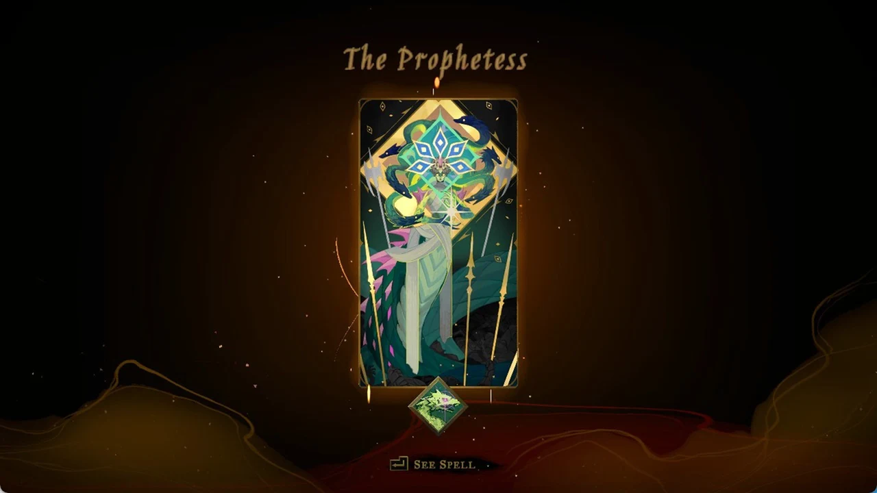 The Prophetess Arcana card shown full screen with the See Spell option at the bottom