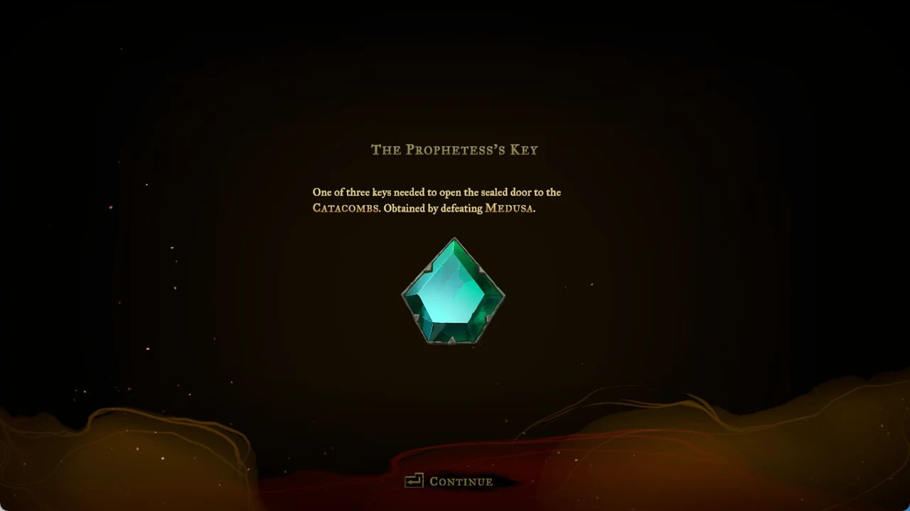 The Prophetess's Key item screen with its description and a Continue button