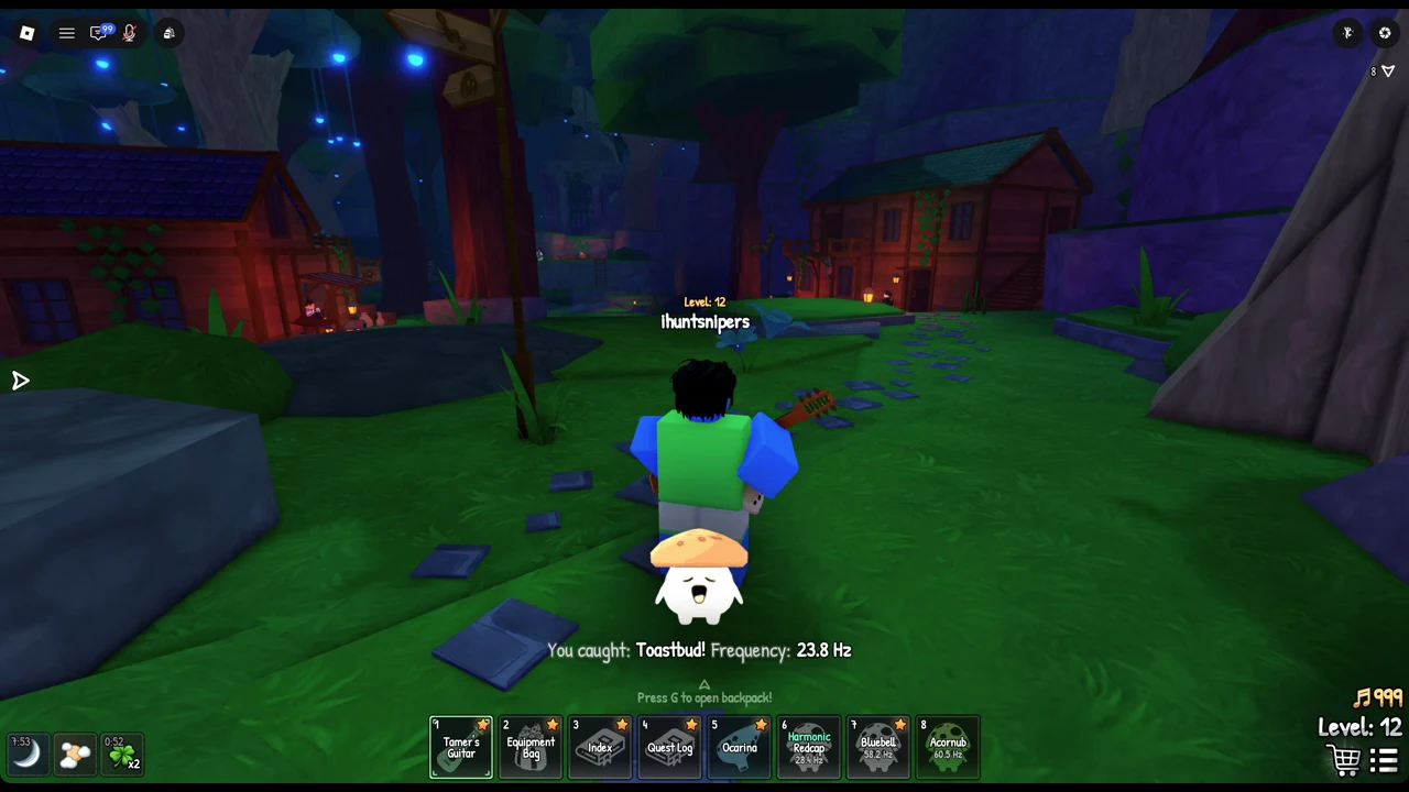 Catch confirmation reading You caught Toastbud 23.8 Hz with the Tamer's Guitar in hotbar slot 1
