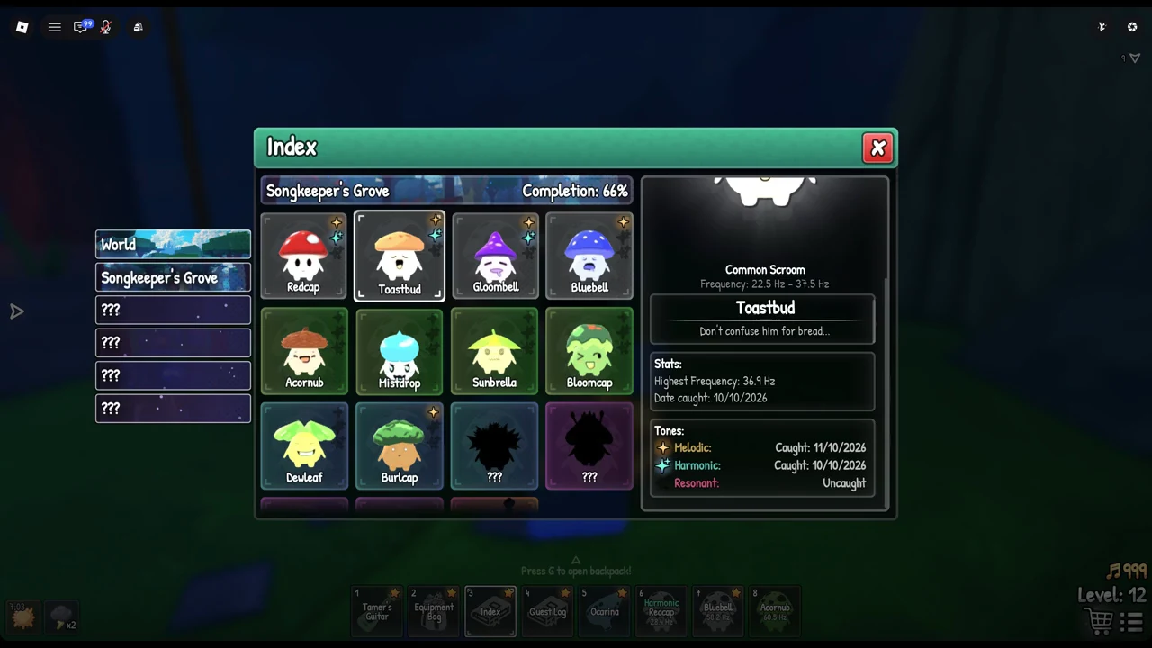 Toastbud selected in the Songkeeper's Grove Index page, showing rarity, frequency band, and tone records