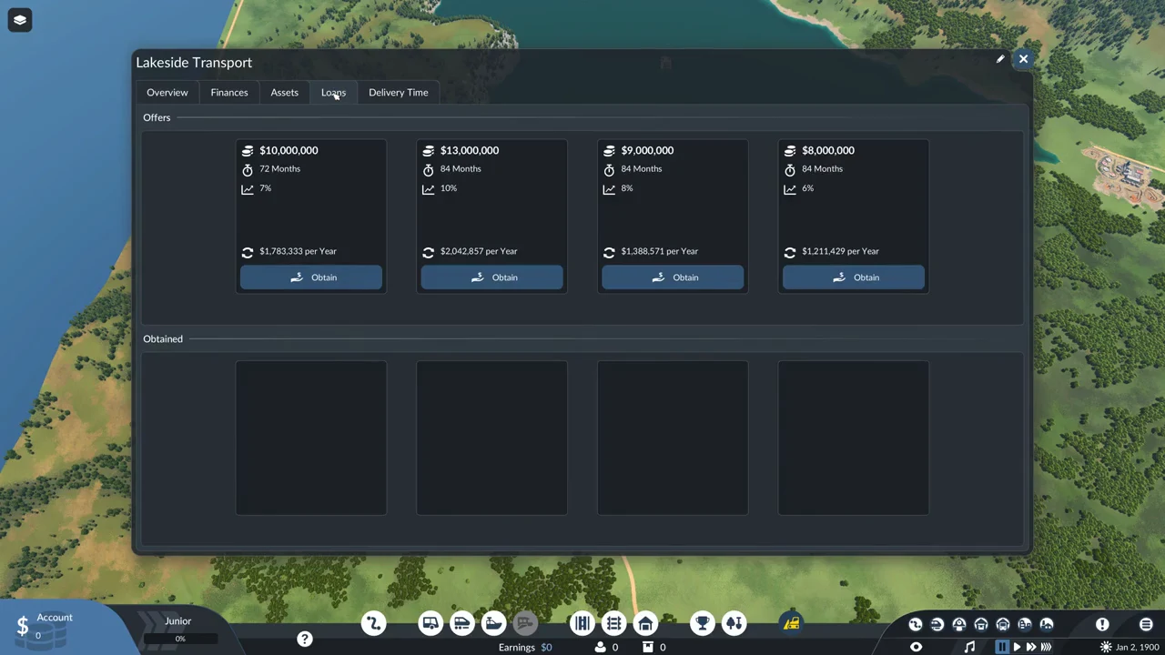 Four loan offers on the Loans tab, each showing amount, term, interest rate, and yearly repayment