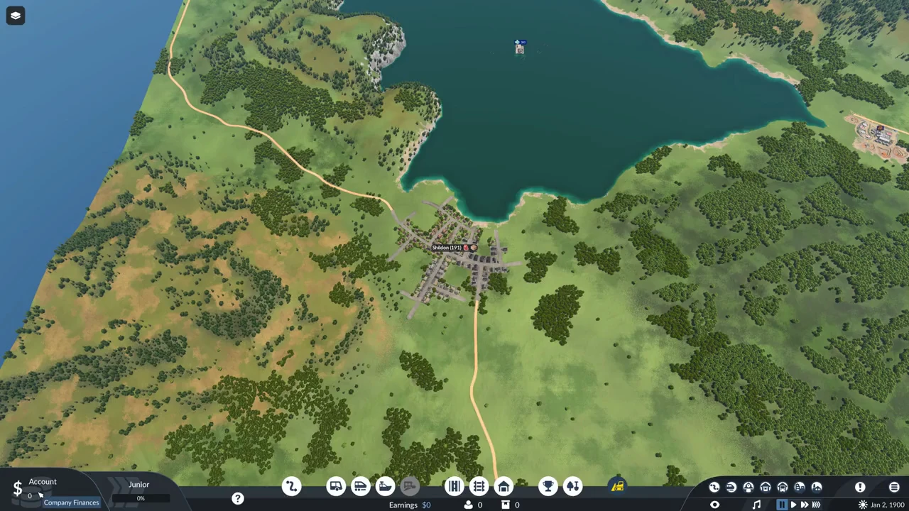 The world map centered on the town of Shildon before any company window is opened