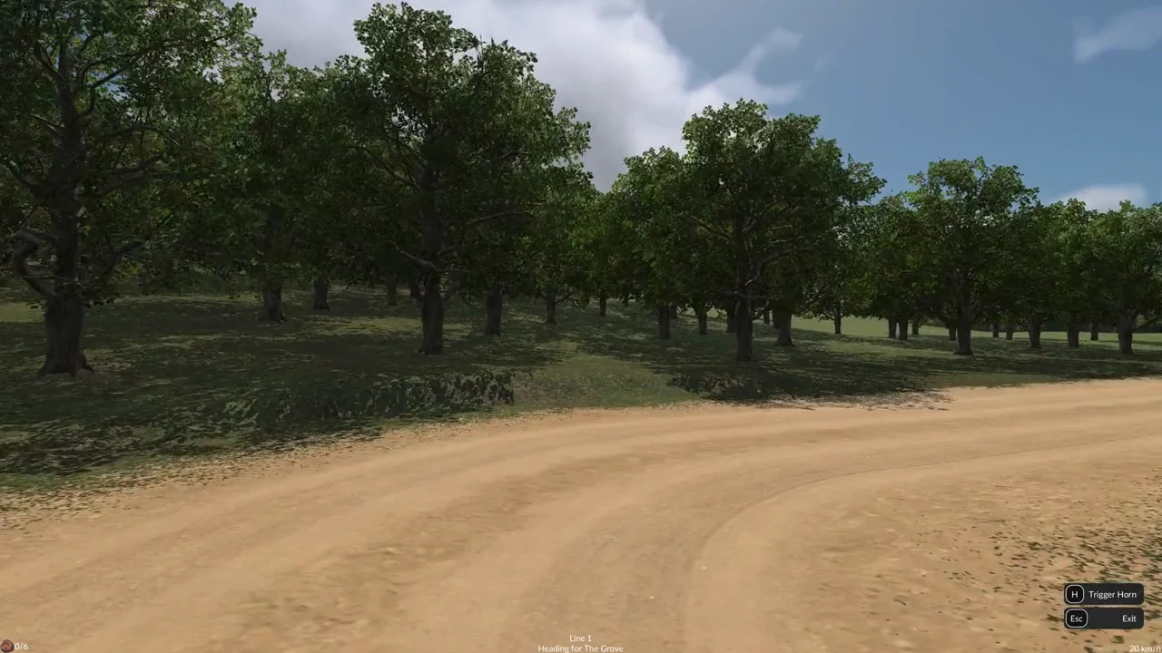 Cockpit driving view down a dirt road toward a hill with the H Trigger Horn prompt
