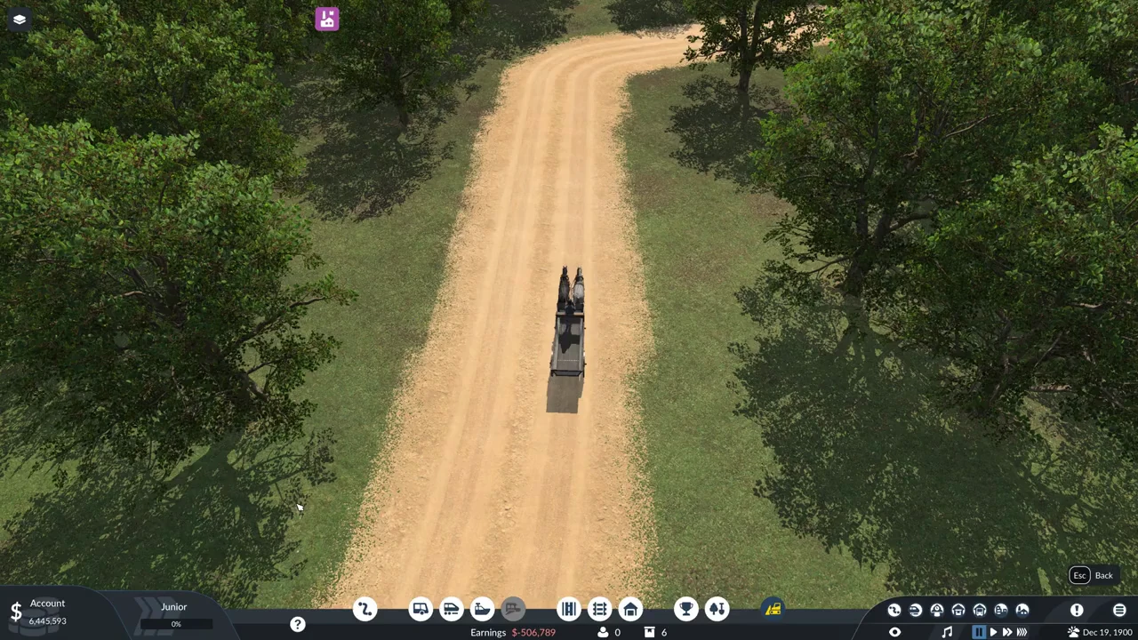 A horse-drawn wagon on a forest dirt road with the vehicle icon selected on the bottom toolbar