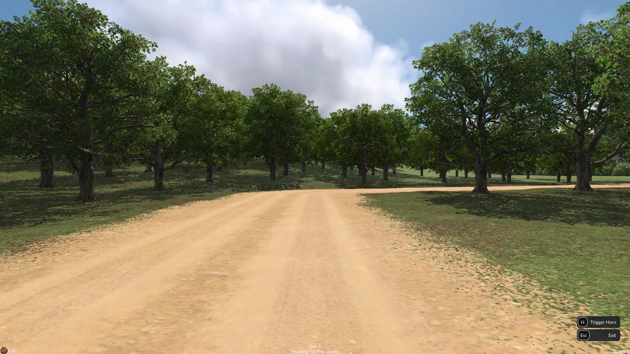 Driver's view down a dirt road showing Line 1 Heading for The Grove with H Trigger Horn and Esc Exit