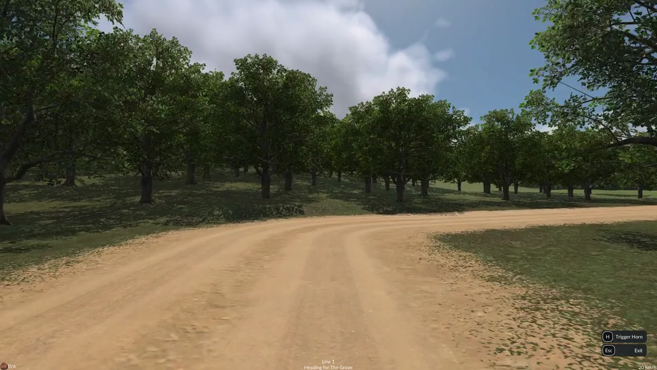 First-person cockpit view on a dirt road at 20 km/h with H Trigger Horn and Esc Exit prompts