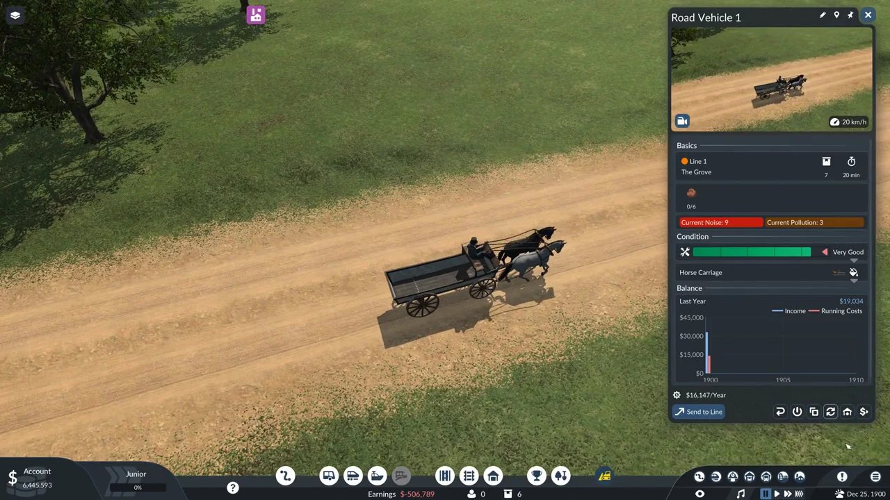 Overhead management view with the Road Vehicle 1 panel open as the horse carriage continues along Line 1