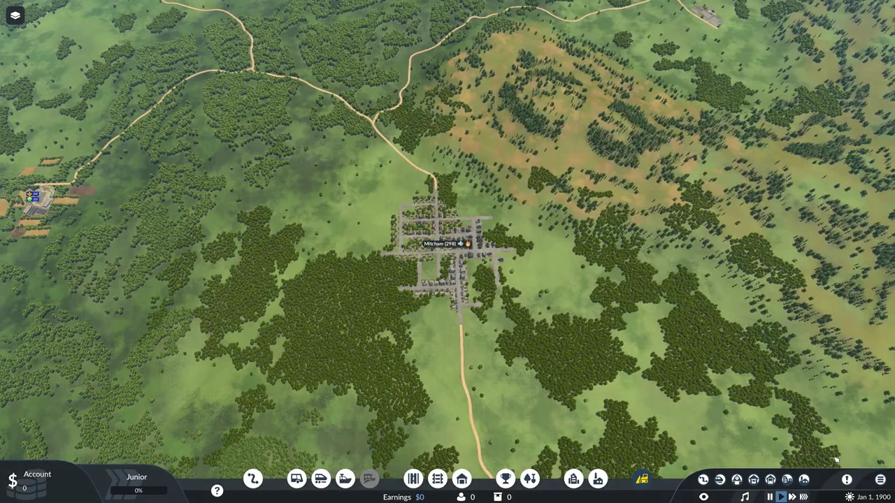 The loaded map centered over the town of Mitcham with the Account and date on the HUD