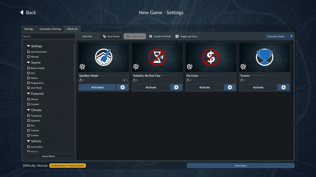 The Mods (1) tab showing Sandbox Mode activated next to the other mod cards