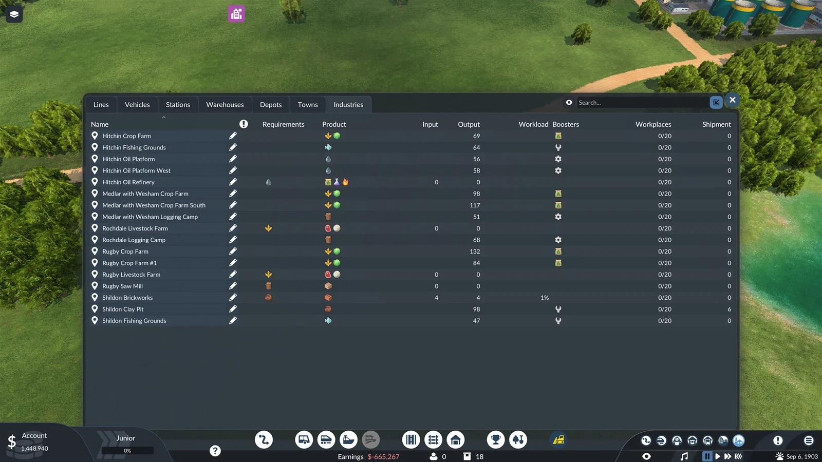 Industries table listing farms, oil platforms, logging camps and a clay pit with output, boosters, workplaces and shipment columns.