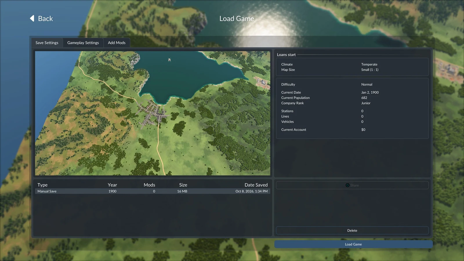 Load Game menu with a save preview of a lakeside town and a details panel listing climate, difficulty and population.