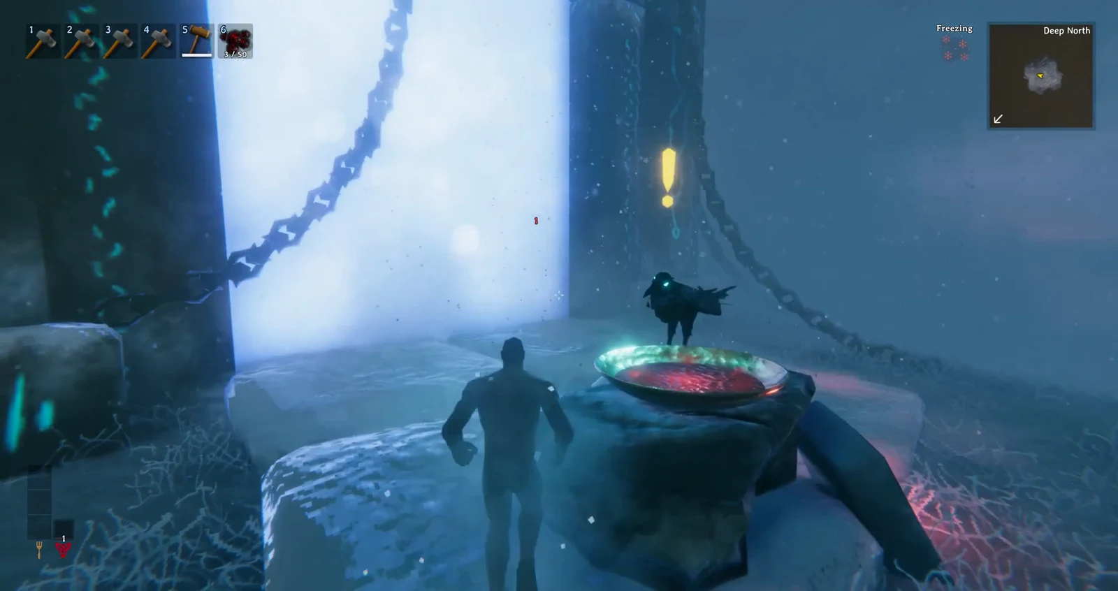 Approaching the glowing Strange Bowl in the Deep North under a yellow marker