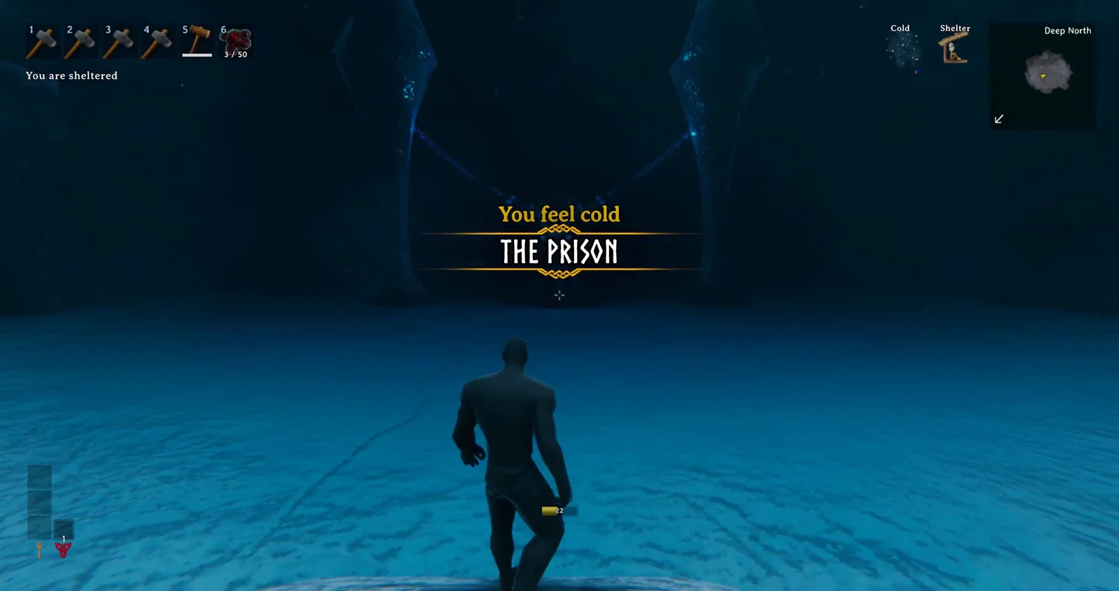 The Prison title card appears with a You feel cold warning on entering the hall