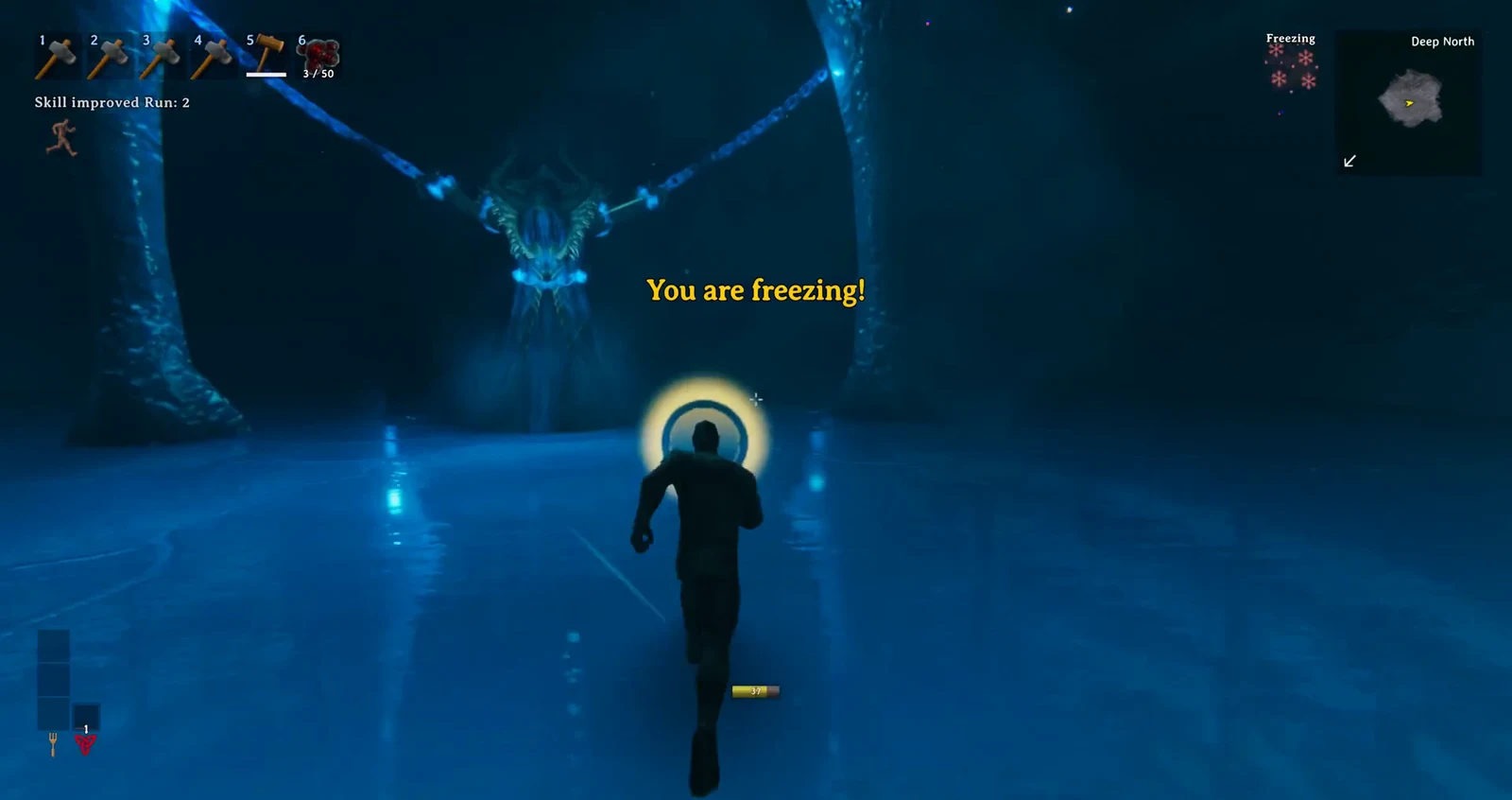 Running across the icy cavern toward the chained figure inside The Prison