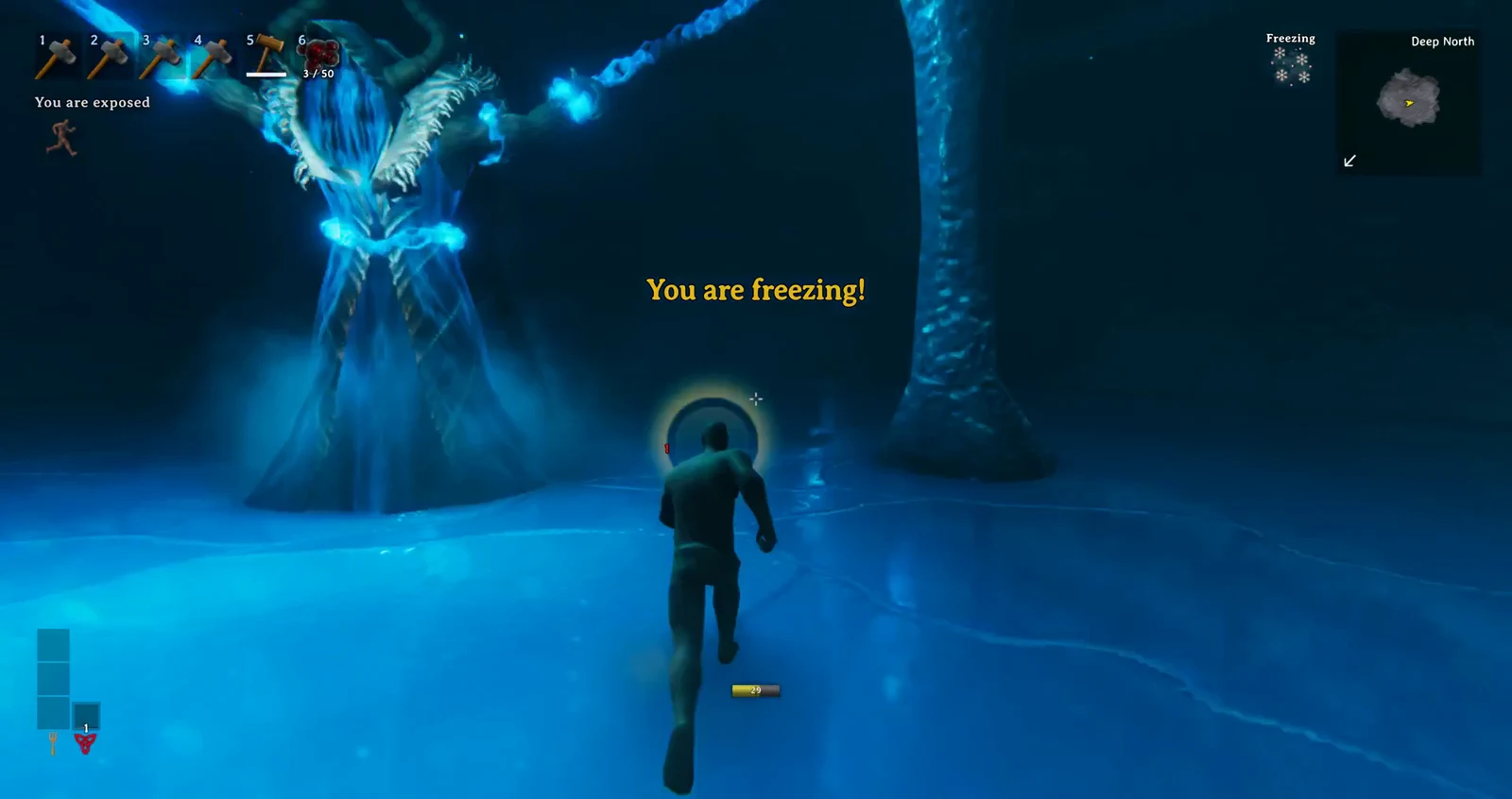 The Kall Fimbulbringer boss bar appears as the freezing warning stays on screen