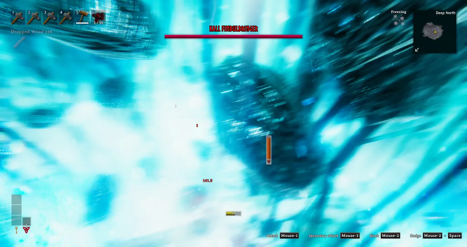 The Kall Fimbulbringer health bar during the fight amid a freezing blizzard effect