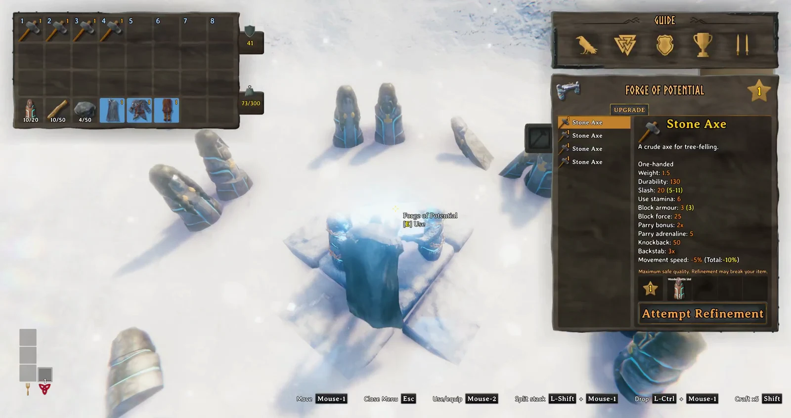 Forge of Potential panel with a Stone Axe selected and the Attempt Refinement button ready