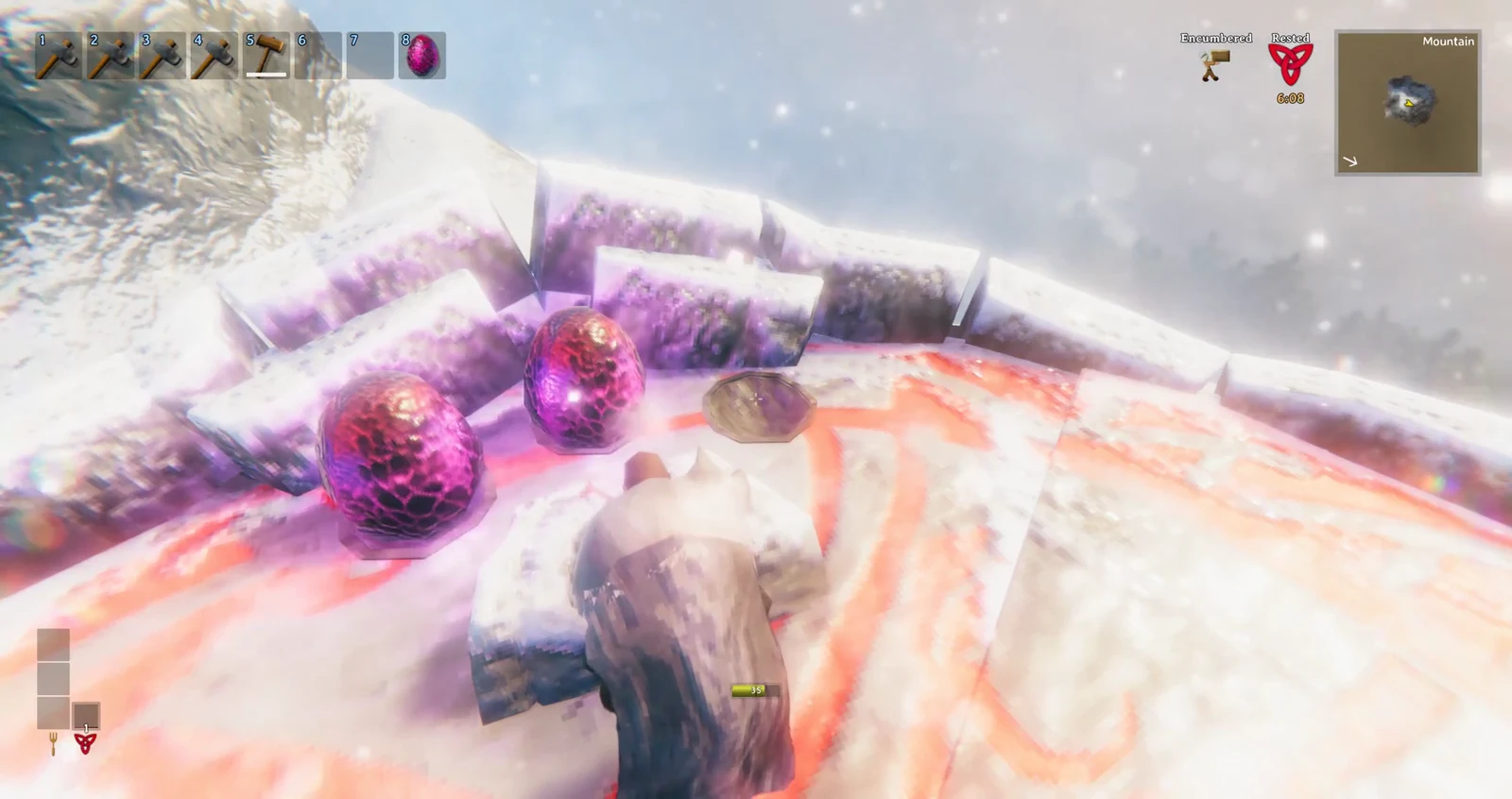 Three Dragon Eggs placed in the offering ring around the central altar block, ready for the ritual