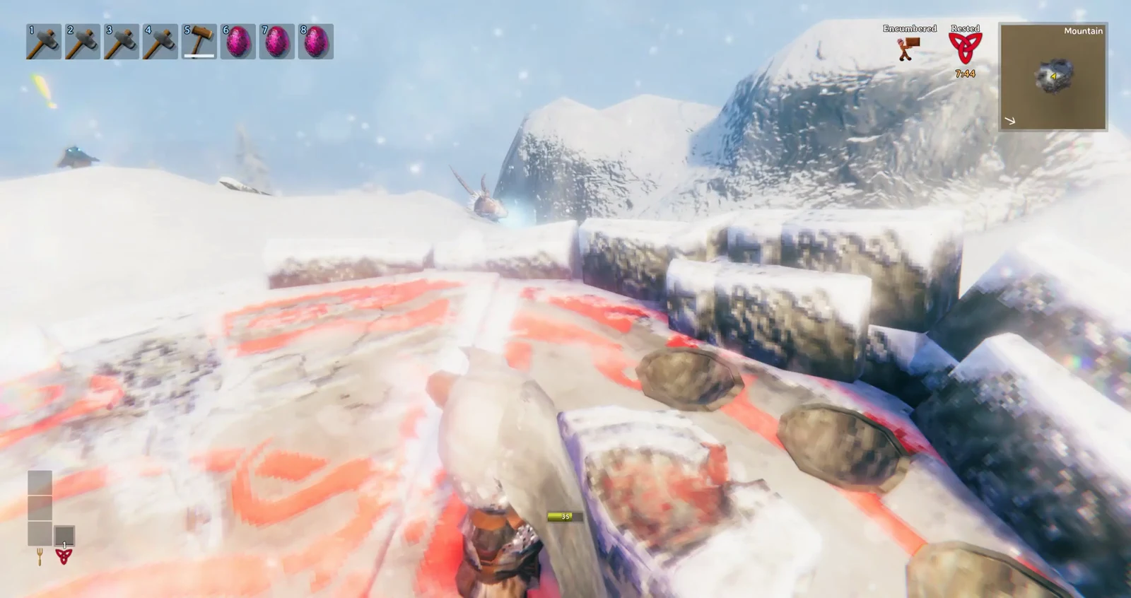 A Viking in wolf armour stands Encumbered on a glowing stone altar platform in the snowy Mountain biome