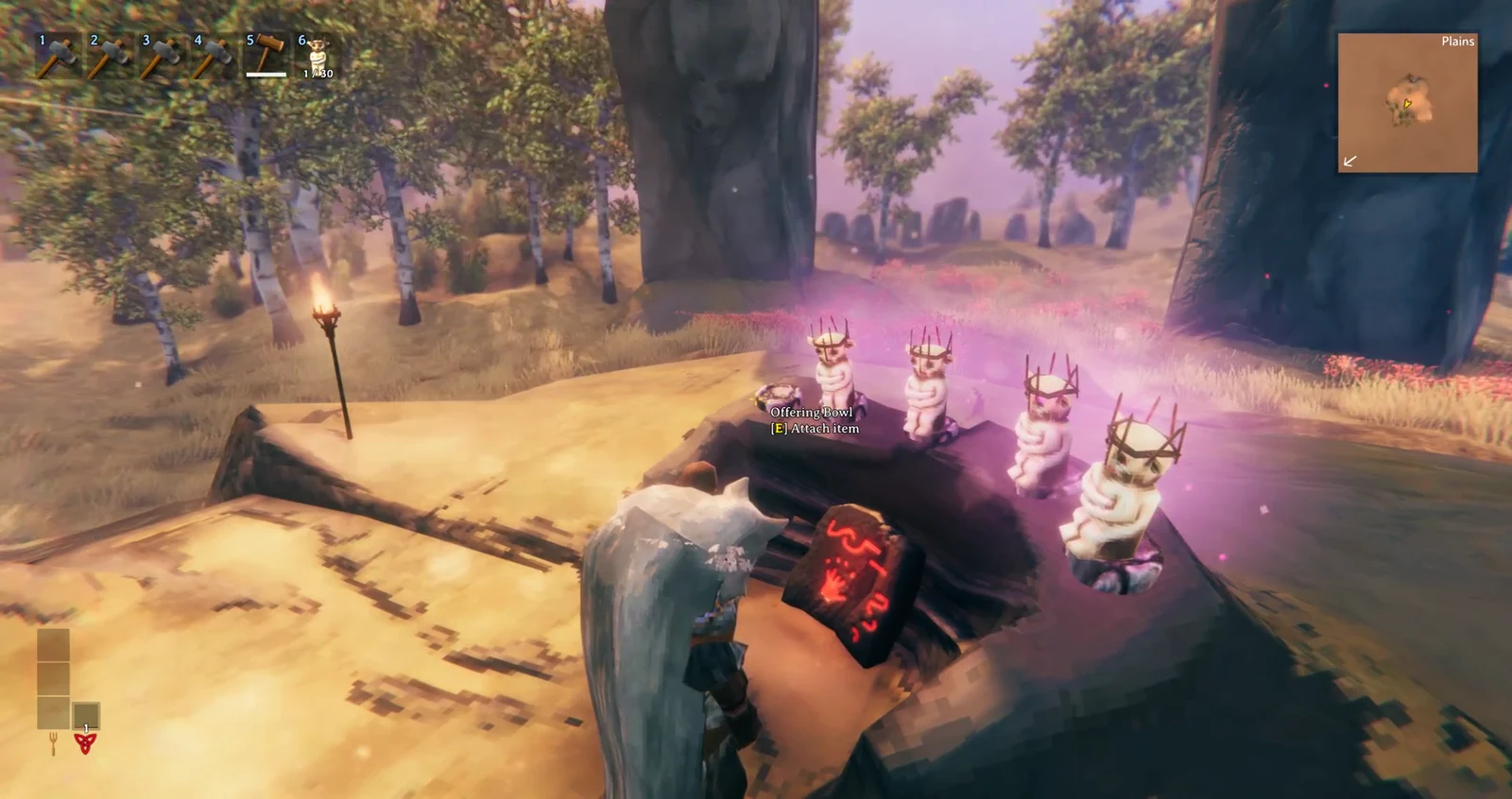 The last Offering Bowl targeted with the Attach item prompt as the altar glows pink