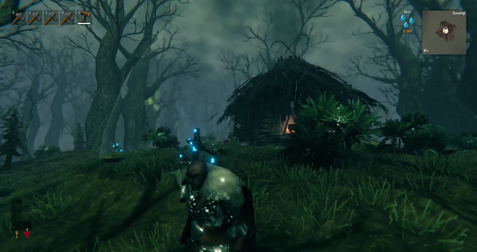 The Bog Witch's thatched hut seen from outside in the rainy Swamp biome