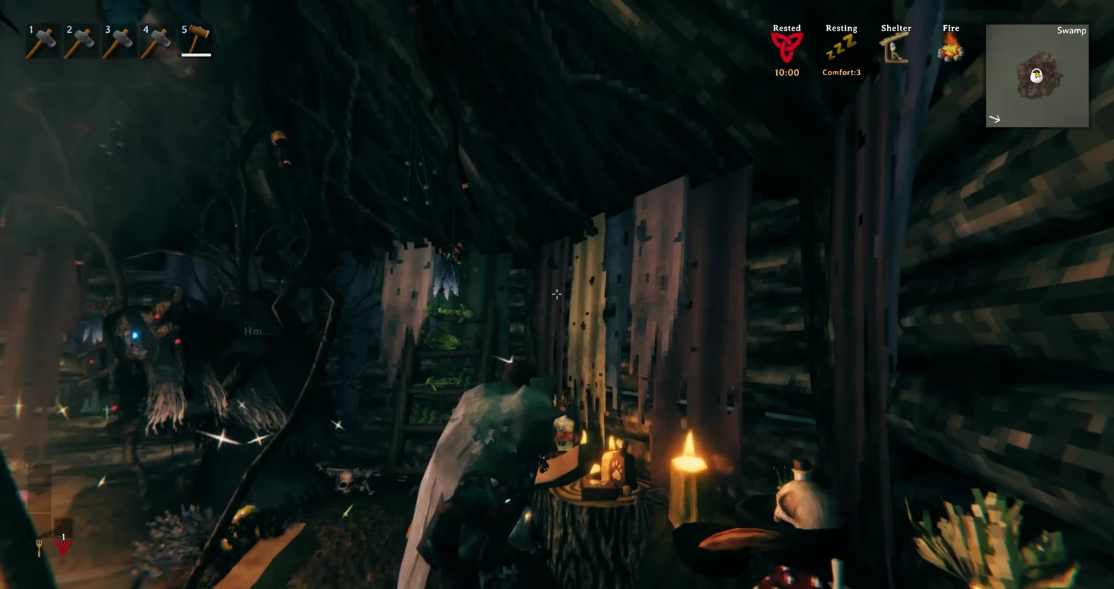 Standing in the firelit hut with Resting active and Comfort 3, facing the furnished room