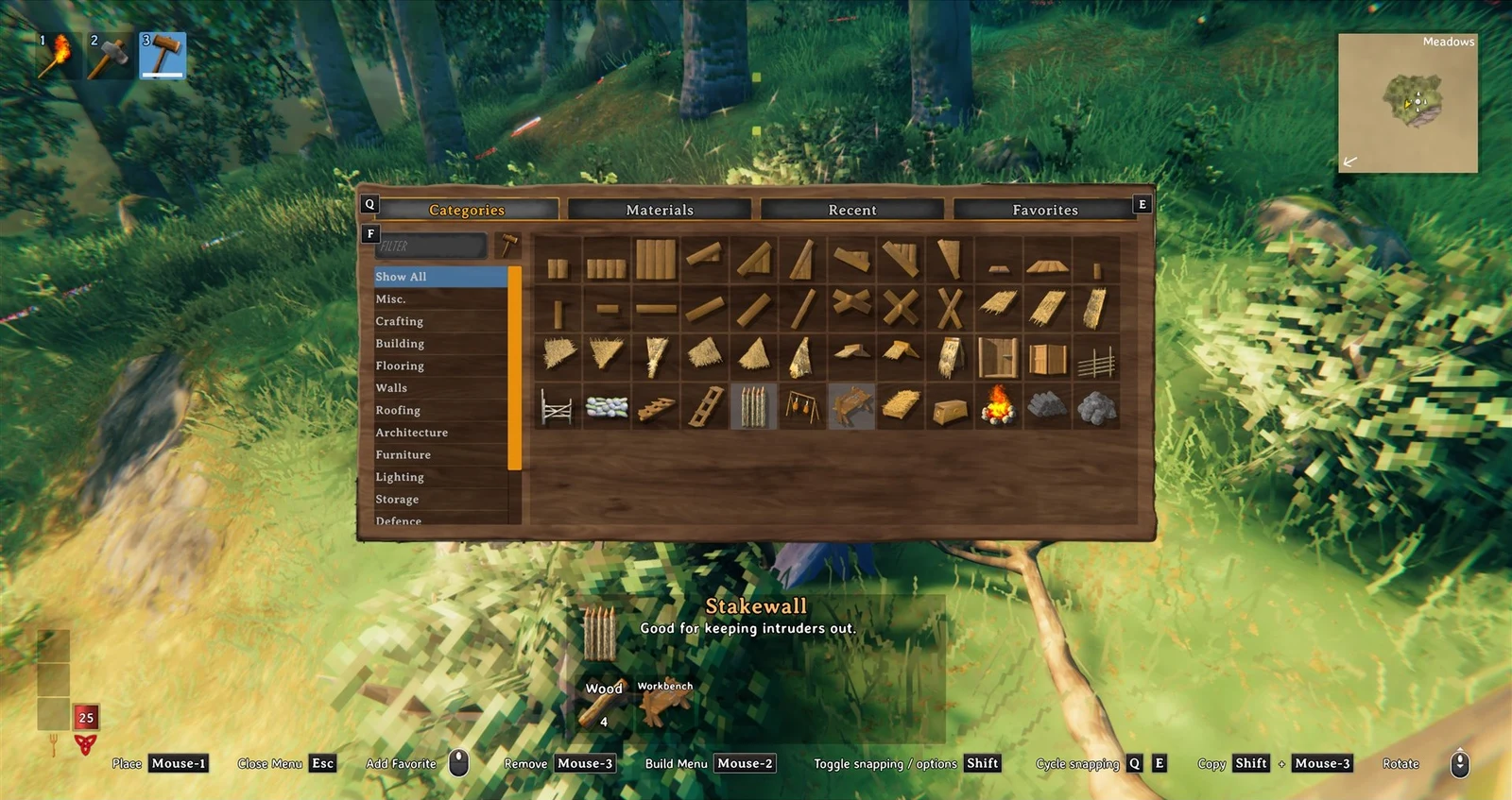 Valheim build menu open over a forest, showing a grid of building pieces with Stakewall selected and its Wood cost.