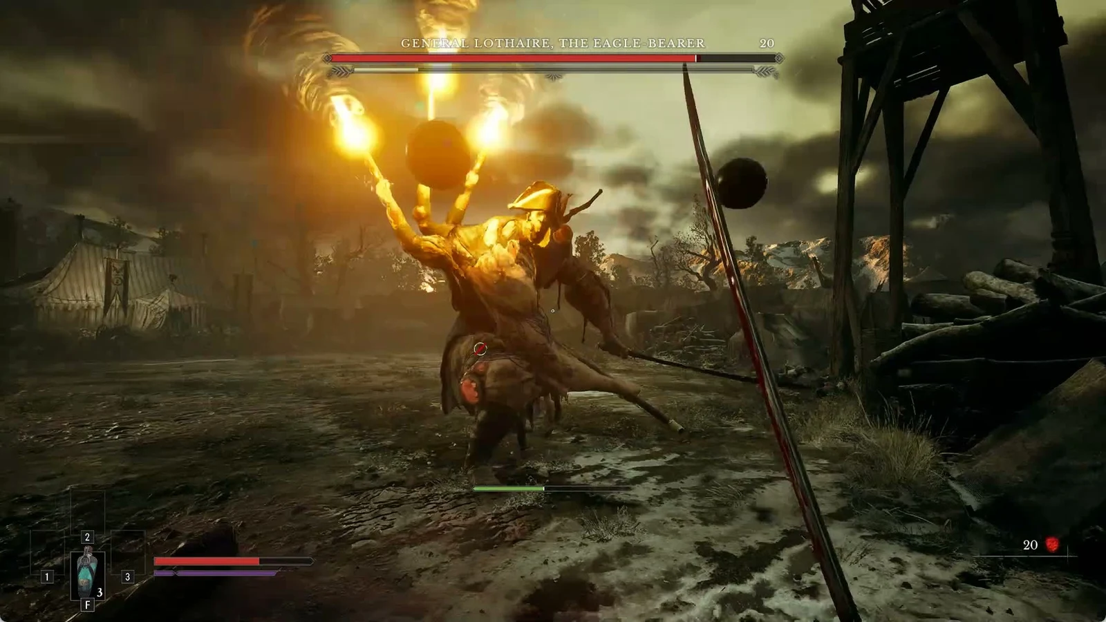First-person view of a bloodied blade facing a hat-wearing boss with flaming fingers in a muddy camp under stormy skies.