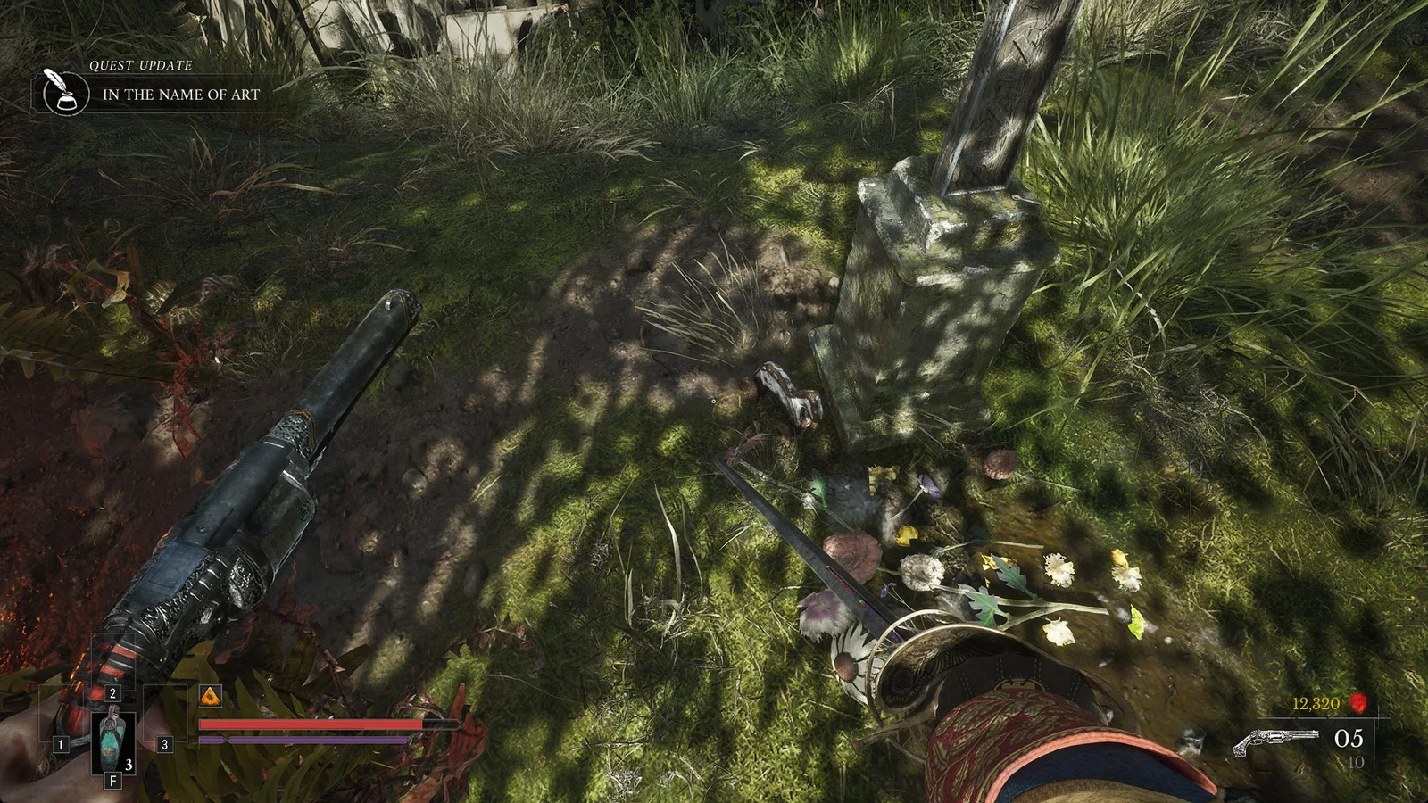 First-person view of a sunlit grave with a stone marker and flowers, with a quest update banner at top left.