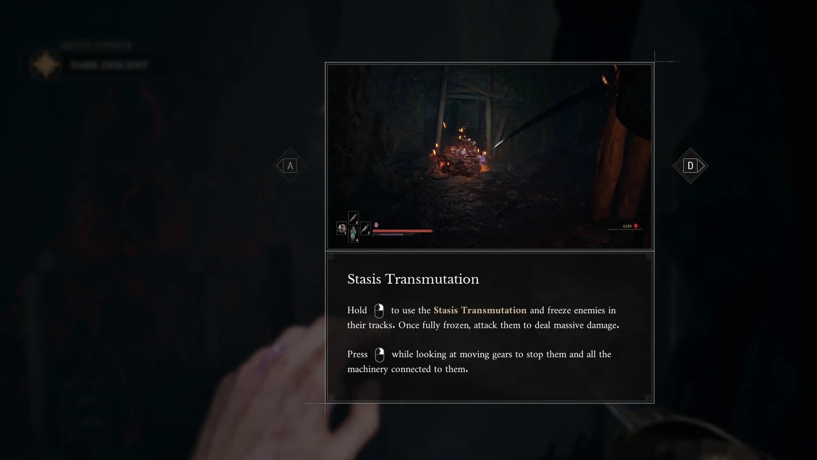 Tutorial popup titled Stasis Transmutation with a preview of a burning enemy and instructions for freezing enemies and stopping gears.