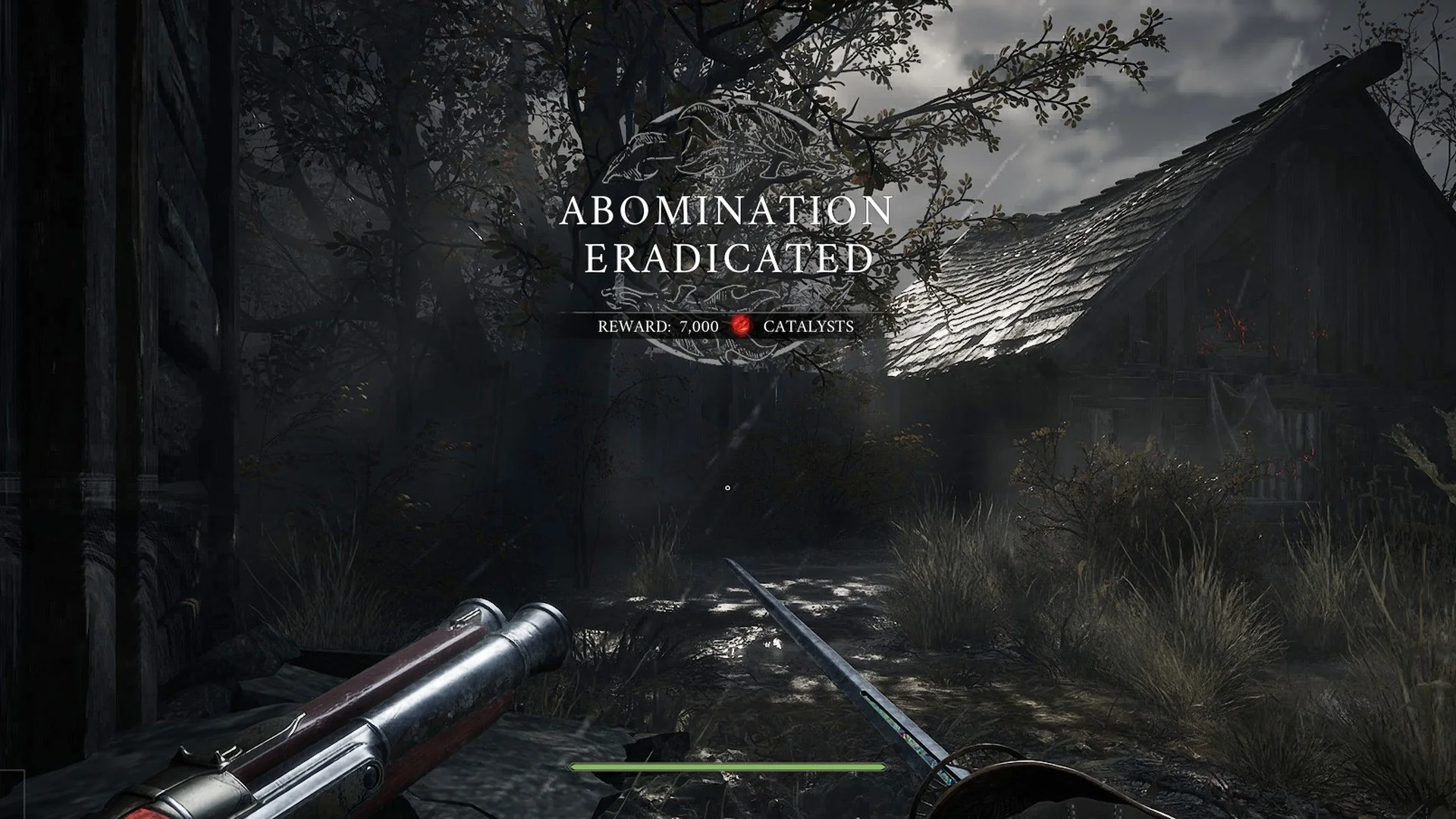 The ABOMINATION ERADICATED banner with REWARD 7,000 Catalysts in the barn yard