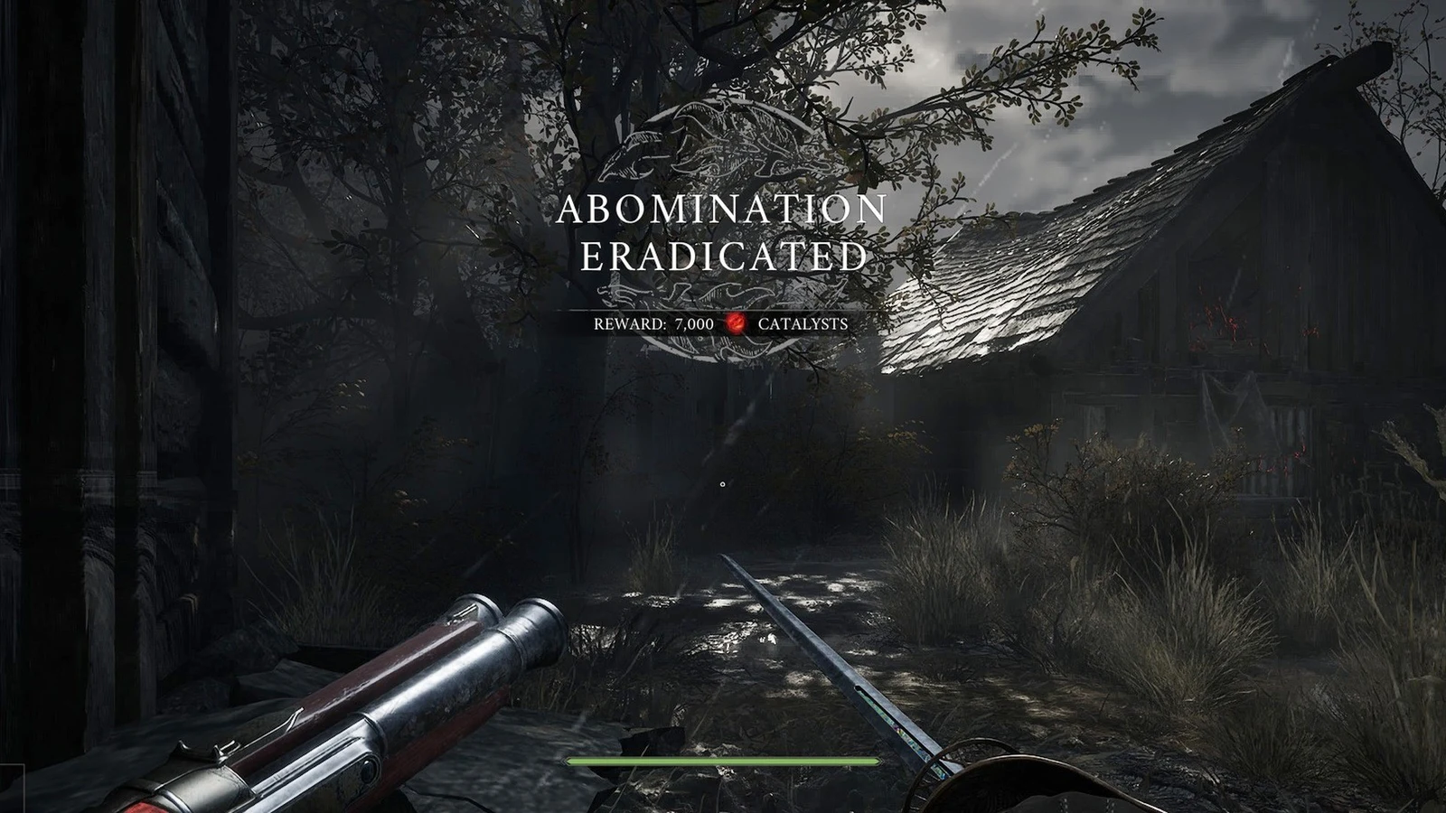 First-person view of a dark, rainy village path beside a wooden house, with an Abomination Eradicated banner and reward text.