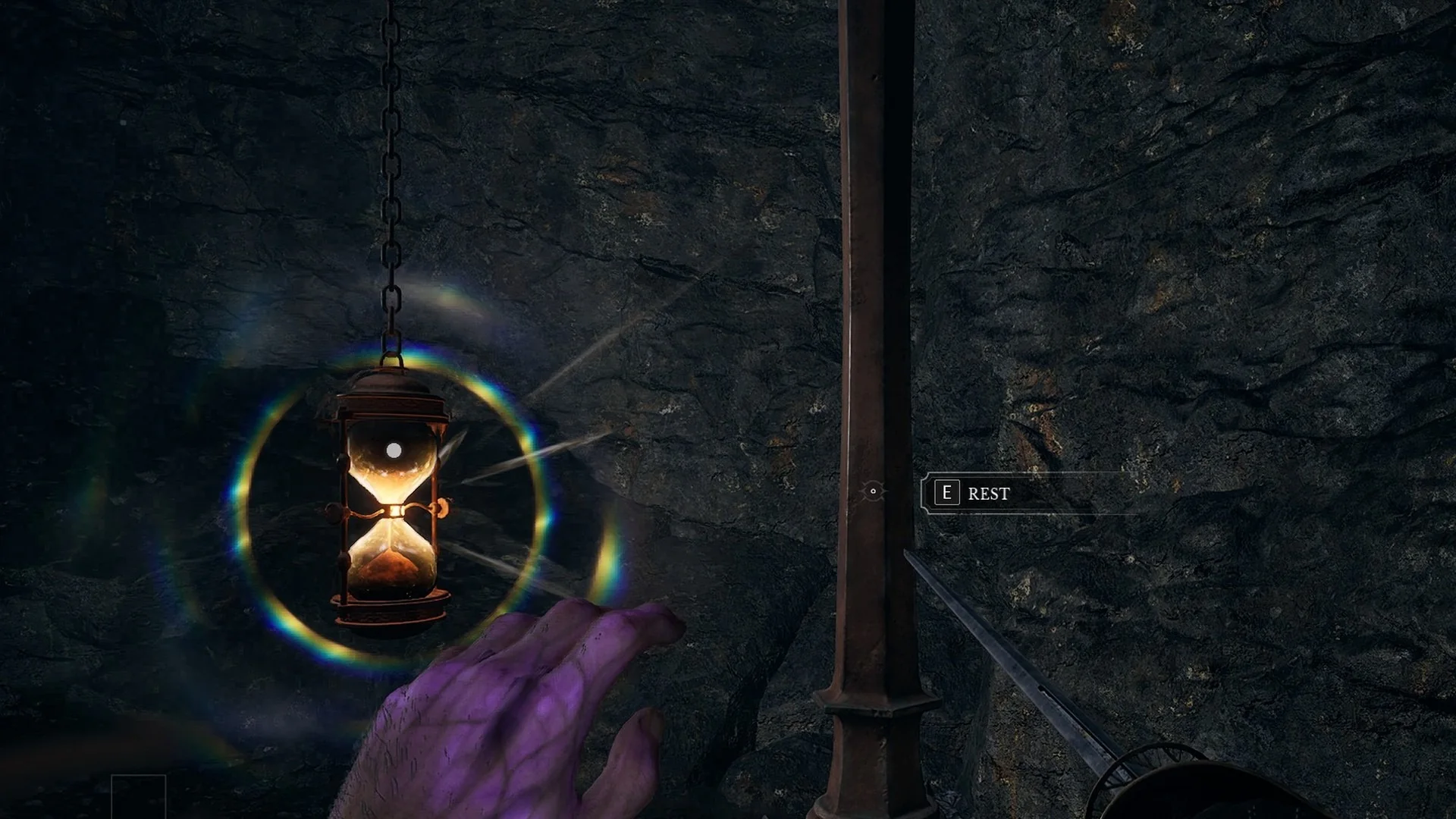 The Ancient Lair Lantern in a cave with the E REST prompt