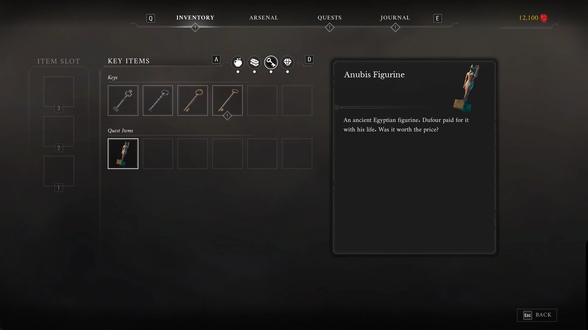 The Anubis Figurine in Inventory Key Items Quest Items