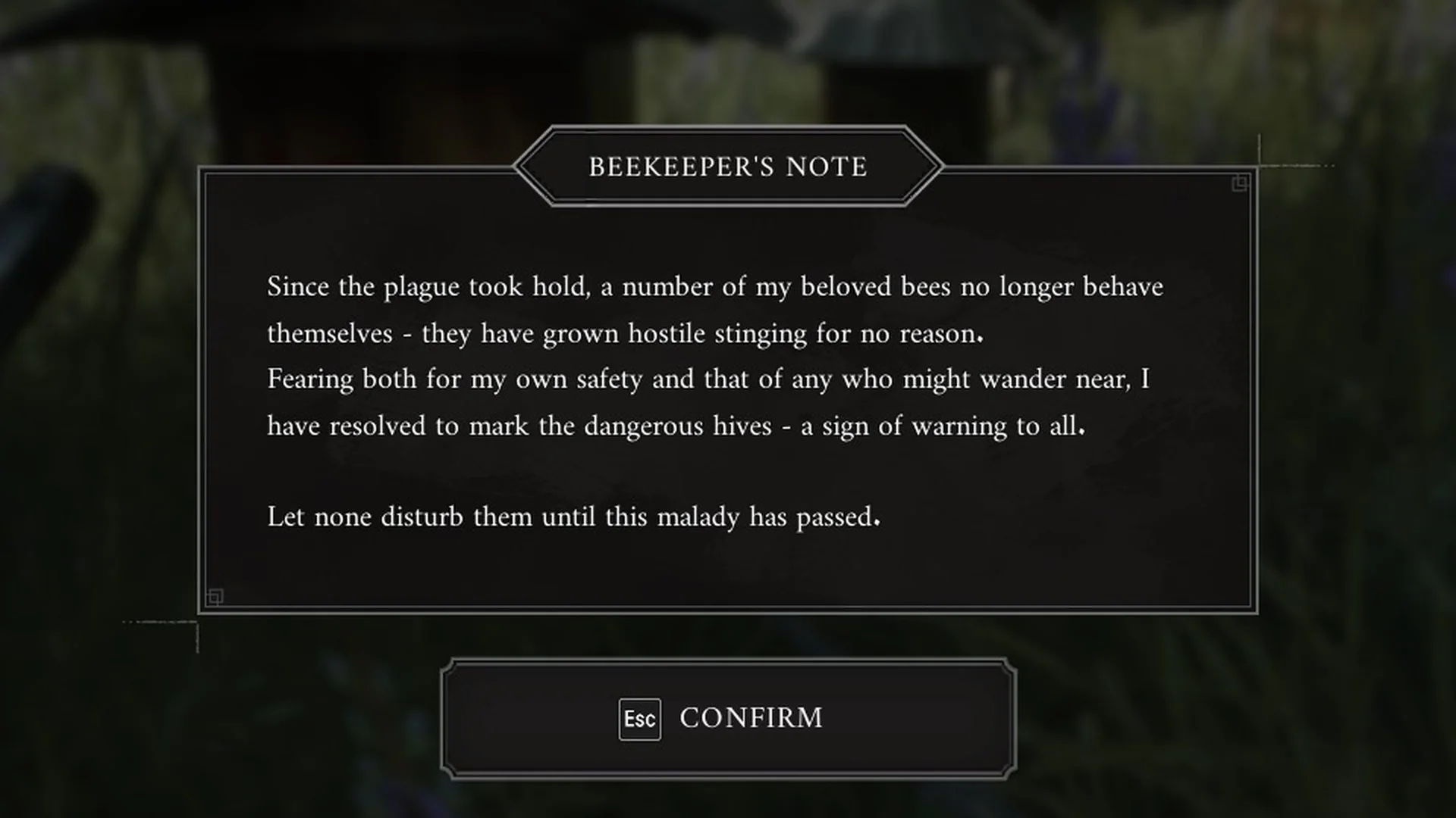 The Beekeeper's Note text on screen