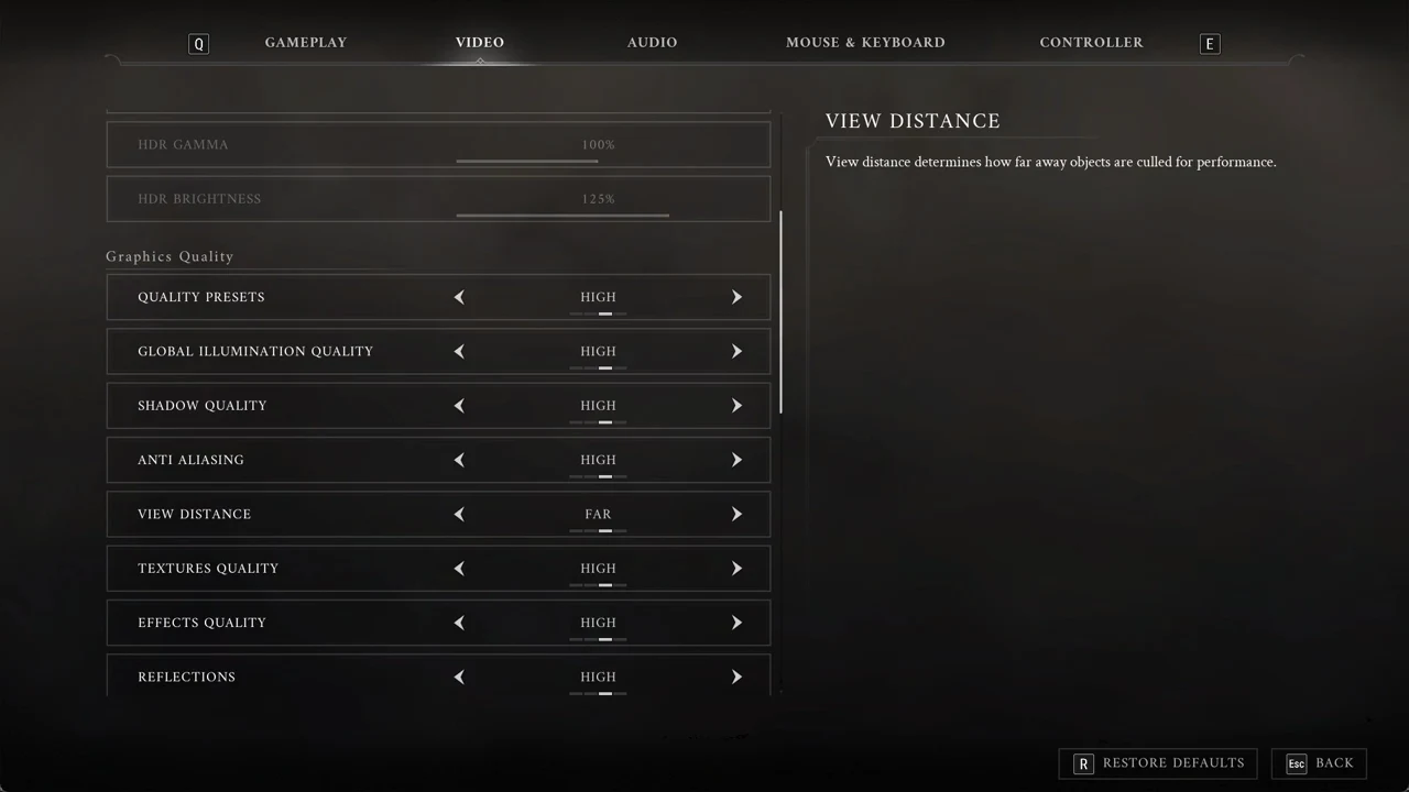 View Distance selected at Far on the Video settings screen under the High preset