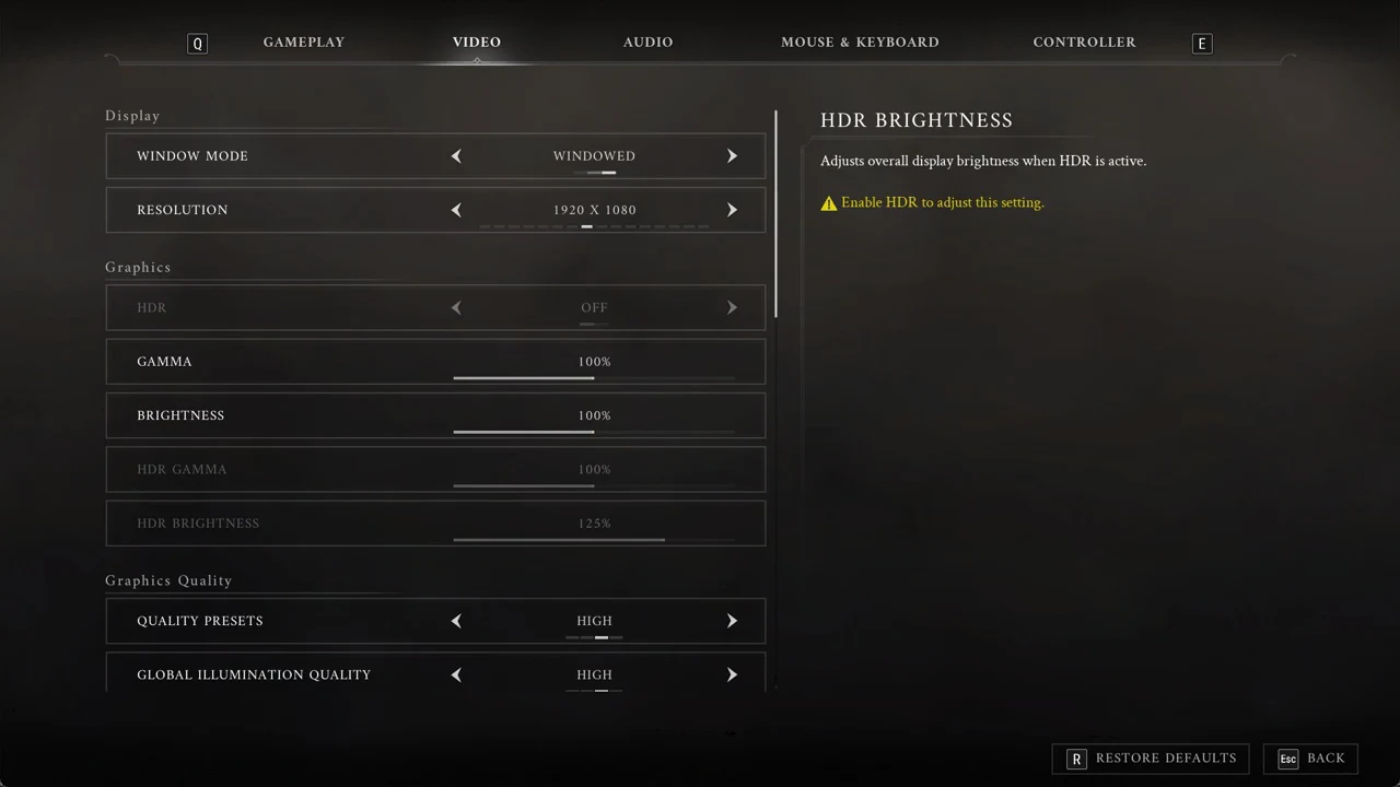 HDR Brightness greyed out on the Valor Mortis Video settings screen with an enable-HDR warning