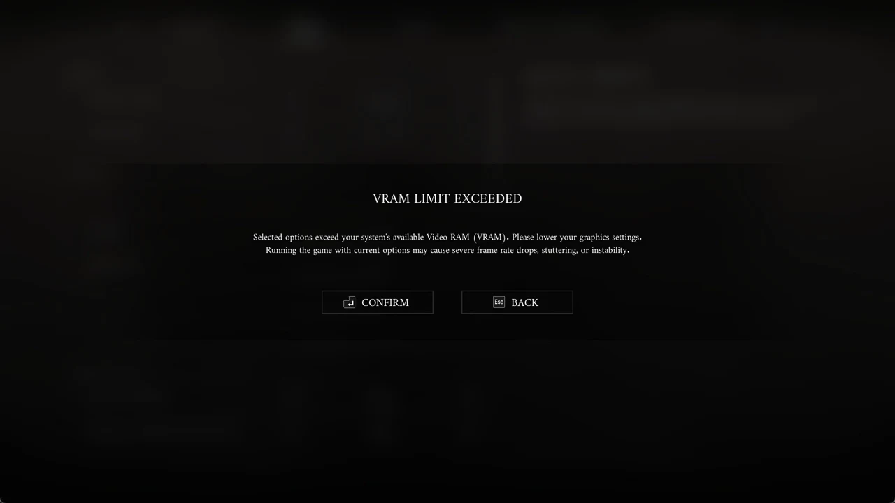 VRAM LIMIT EXCEEDED warning box offering Confirm or Back after exceeding video memory