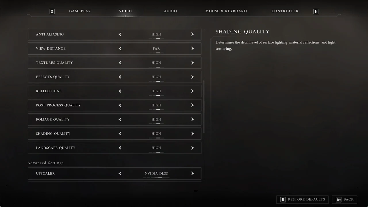 Shading Quality selected at High with its lighting-detail description shown on the Video tab