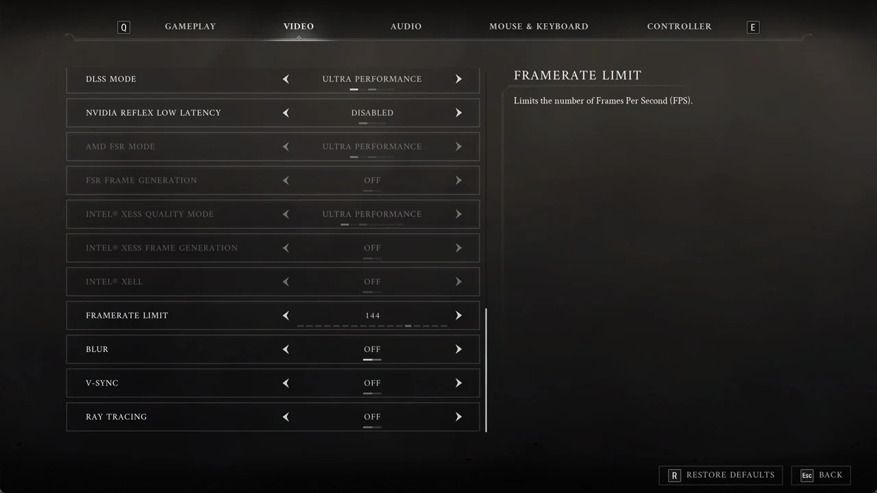 Framerate Limit selected at 144 FPS among the DLSS, FSR, XeSS, Blur, V-Sync and Ray Tracing rows