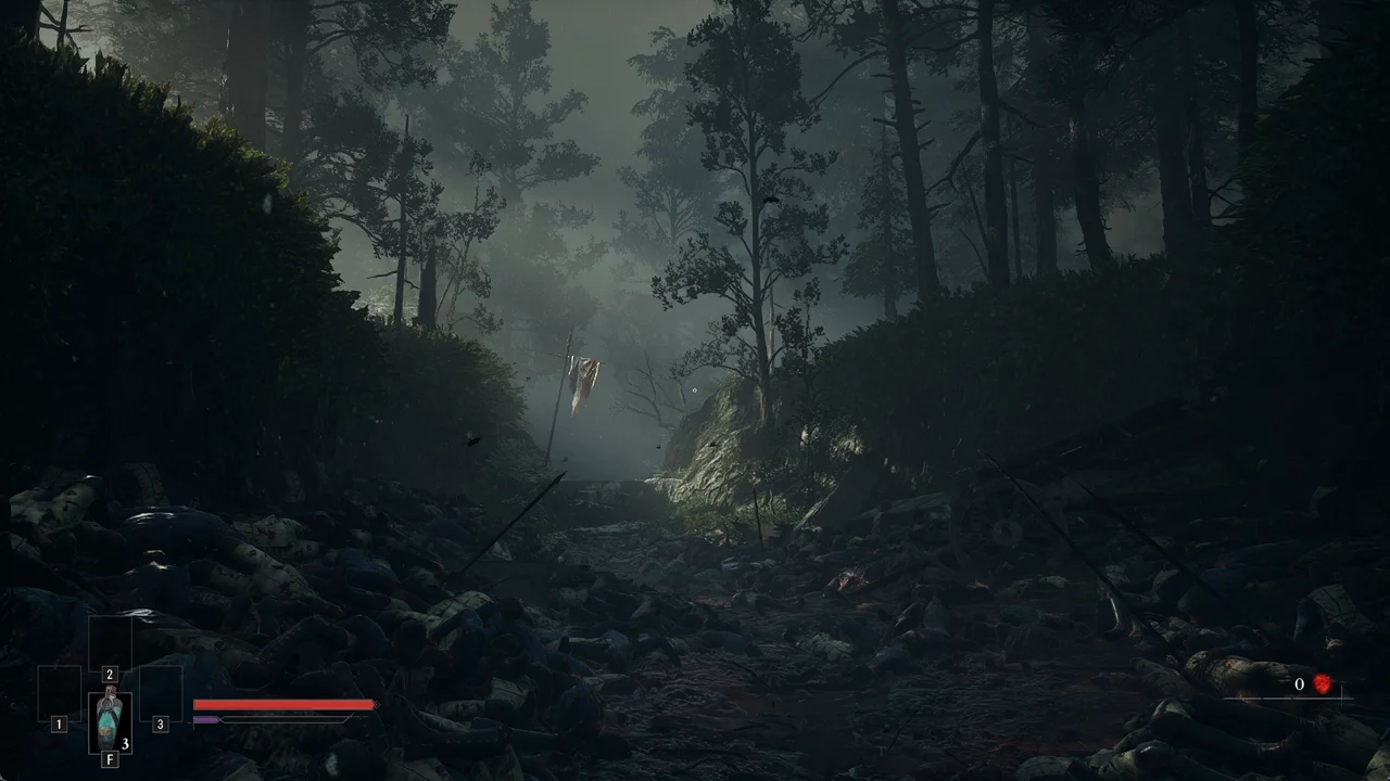 First-person view advancing along a corpse-strewn forest path with a flask selected in quick slot 2