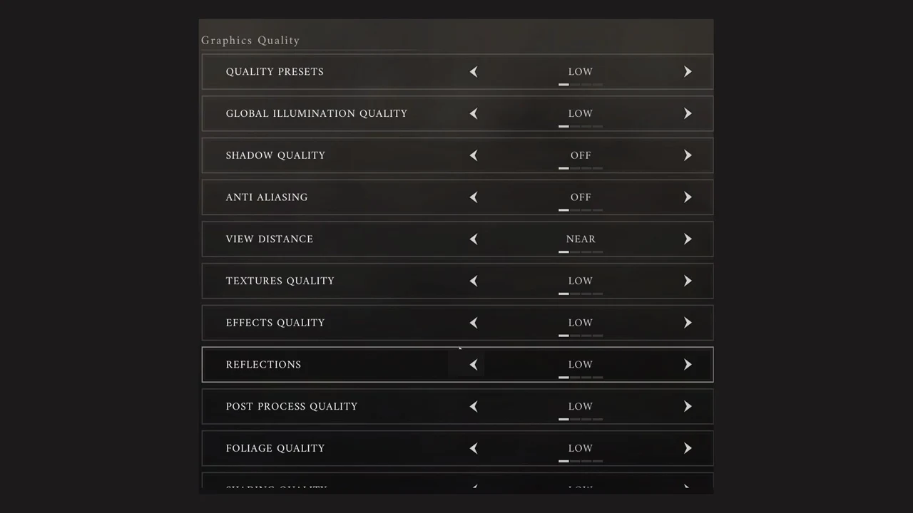 Graphics Quality rows under the Low preset with Reflections set to Low and highlighted