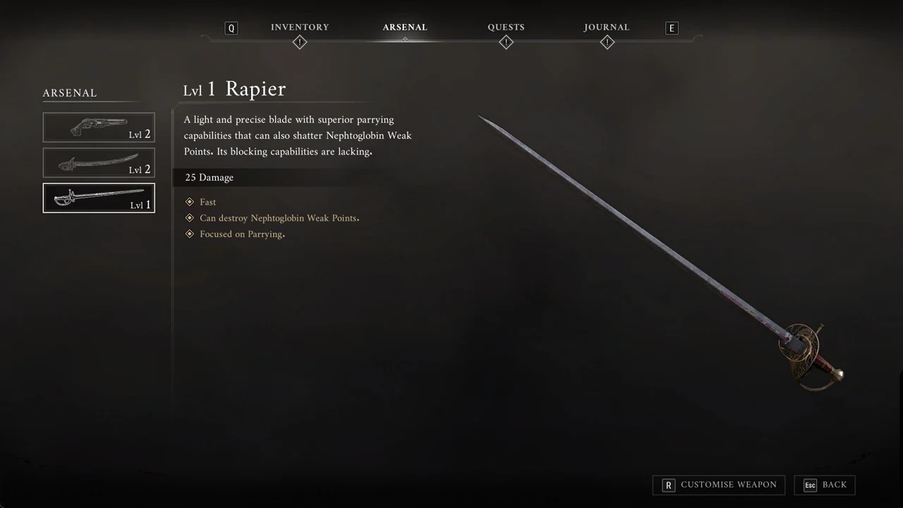Arsenal menu with the Lvl 1 Rapier selected, showing its damage and traits
