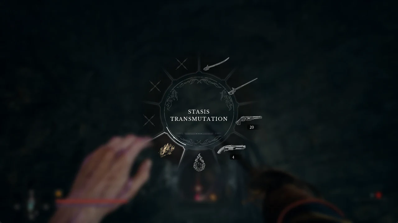 The Stasis Transmutation radial menu open, showing equipped weapons and ammunition counts