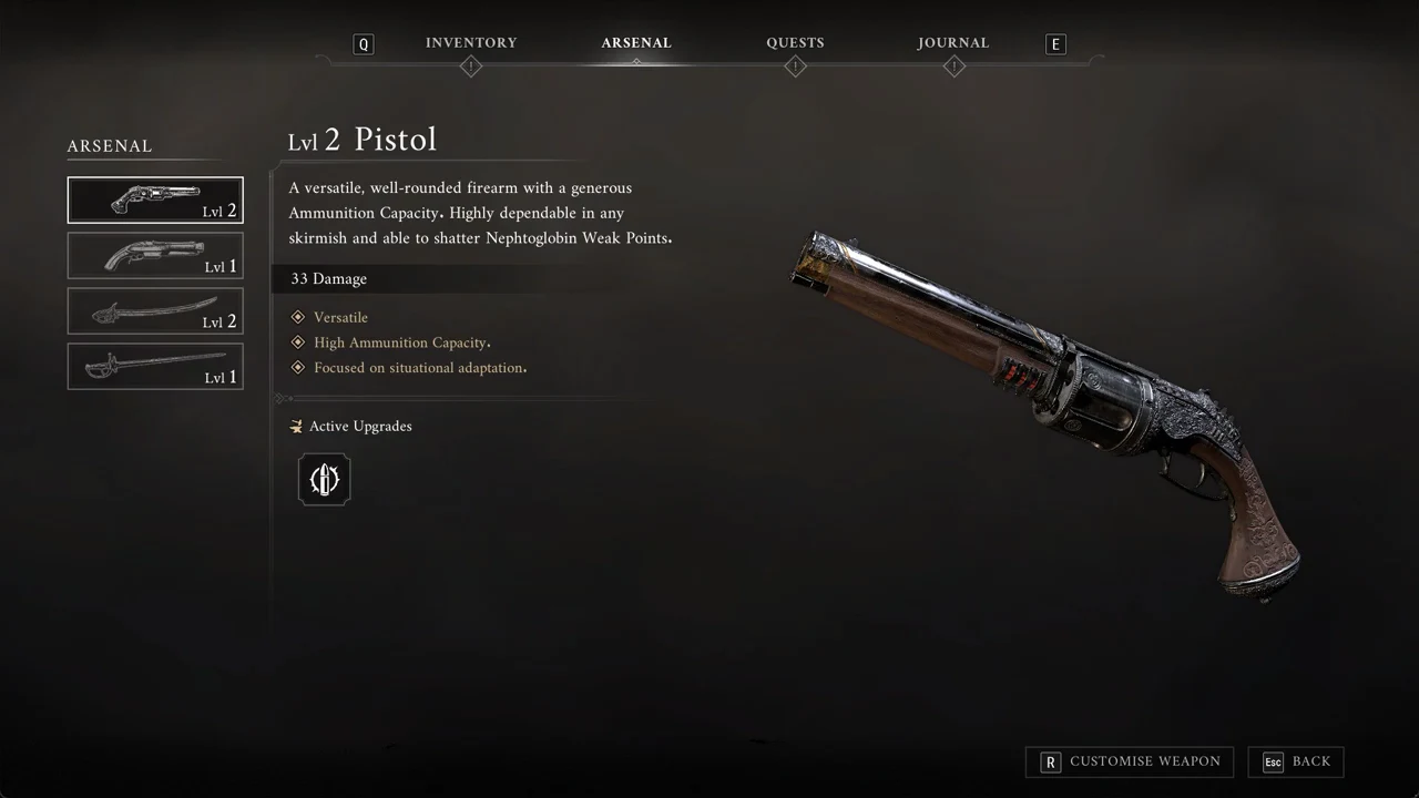 Arsenal screen with the Level 2 Pistol selected, showing its stats and active upgrade