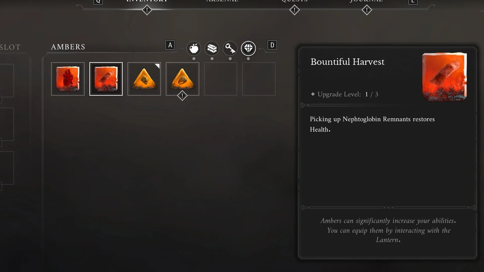 Inventory Ambers tab showing Bountiful Harvest at Upgrade Level 1 of 3