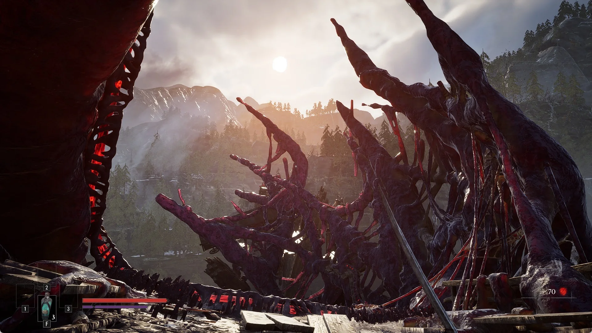 The broken wooden bridge deck in the Valley of Ashes overgrown by a huge plague growth with red glowing spines