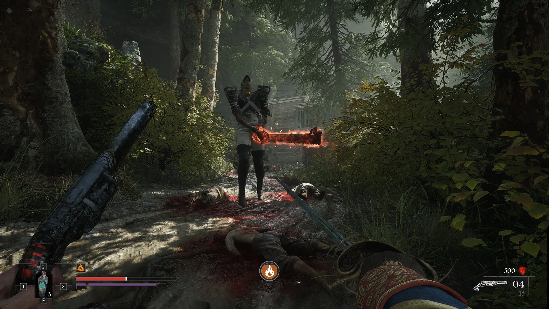 The Volunteer swinging the burning greatsword with the Burning flame icon at the bottom of the screen