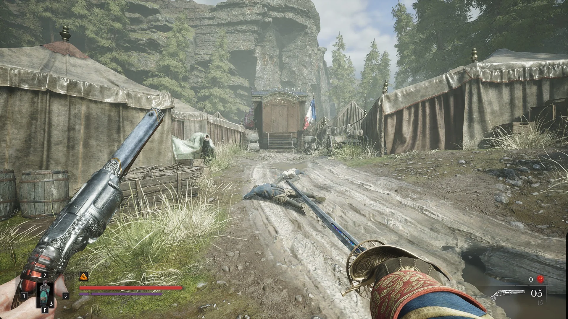 The Poisoned Camp road between canvas tents leading to a dark wooden wagon with a French tricolour flag