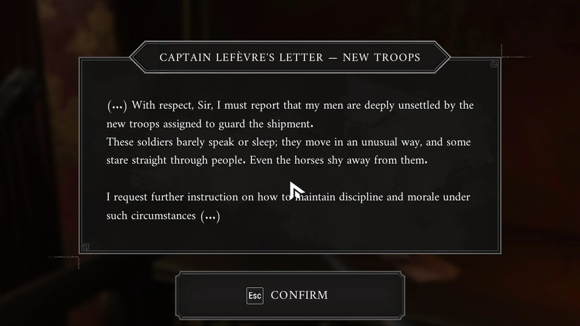 Captain Lefevre's Letter New Troops shown on screen